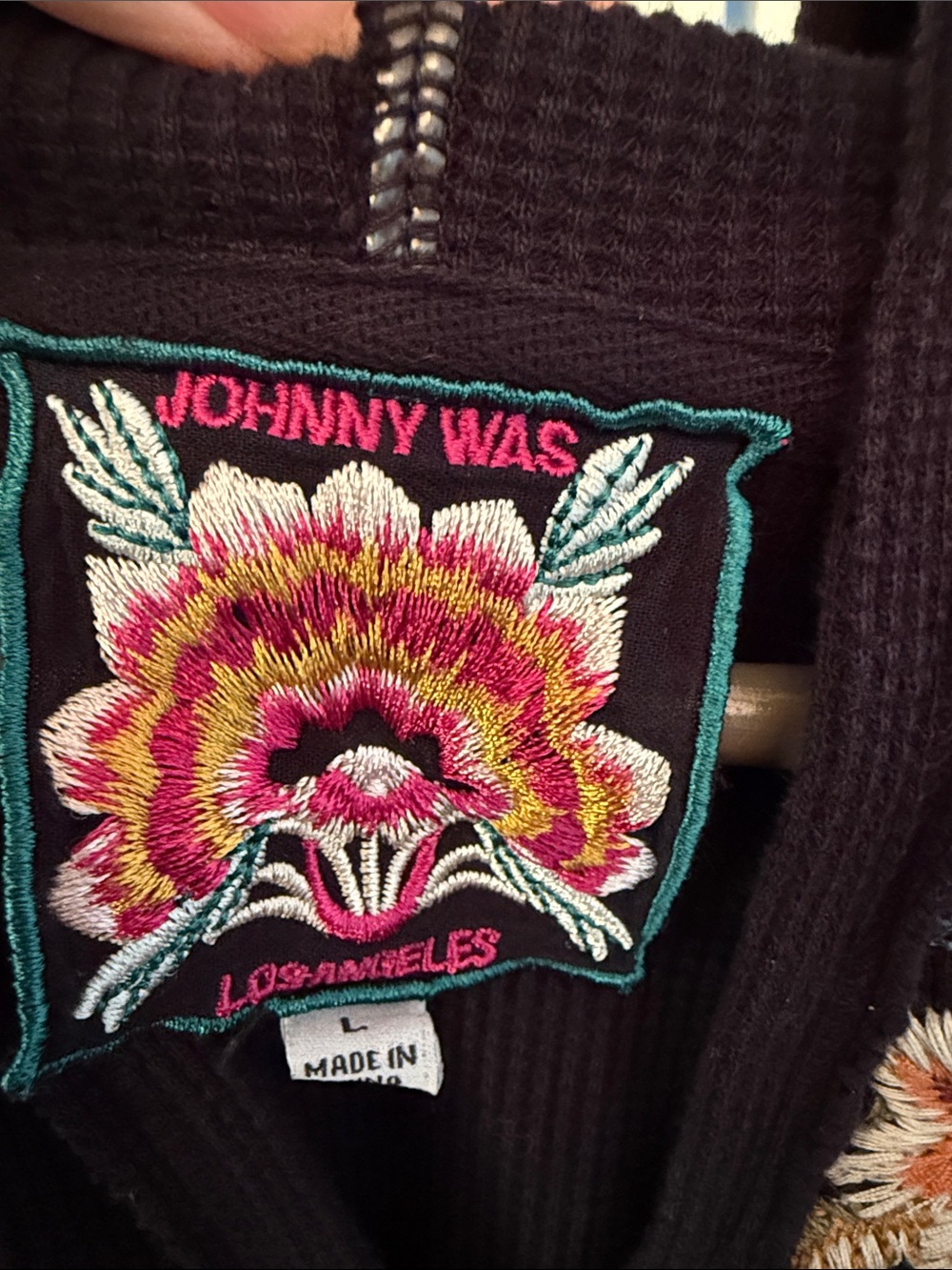 Johnny Was Embroidered Floral Thermal Hoodie Tunic Boho Black Large - Picture 2 of 9